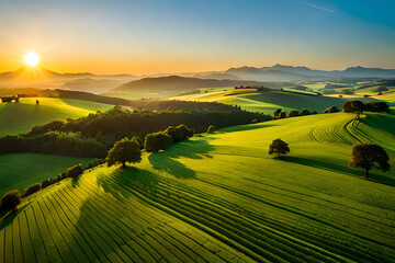 View of a farmer's village, green planting fields, still green fields filled with green plants