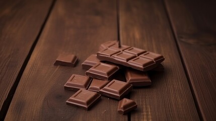 Small Pieces of Milk Chocolate Bar on Wooden Background