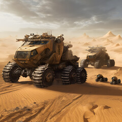 Fototapeta premium A raw image of an expansive desert landscape with colossal sand cruisers, massive wheeled vehicles designed to effortlessly navigate the sandy terrain and transport people across the dunes.