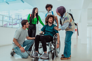 A diverse group of students including an African-American student and a Muslim wearing a hijab,...