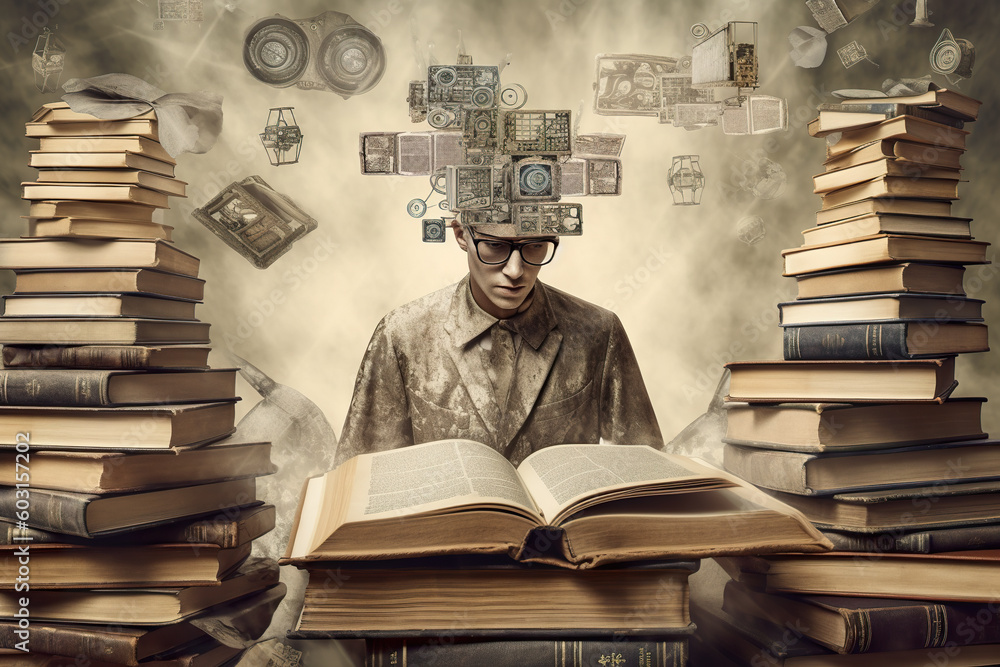 Aufkleber a man sitting in front of a pile of books. knowledge is power. generative ai.