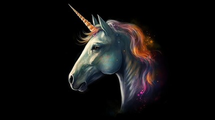 Naklejka na ściany i meble unicorn, horse, animal, farm, white, head, portrait, brown, equine, lgbtq, nature, mammal, equestrian, mane, stallion, pony, beautiful, grey, beauty, mare, face, pasture, eye, generative ai