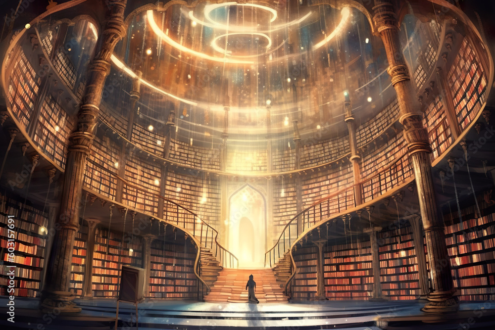 Poster library of ancient wisdom. a man is standing in a library with a spiral staircase. generative ai.
