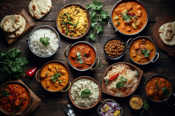 Traditional Indian dishes on the wooden table, assorted spicy food, top view, ai generated