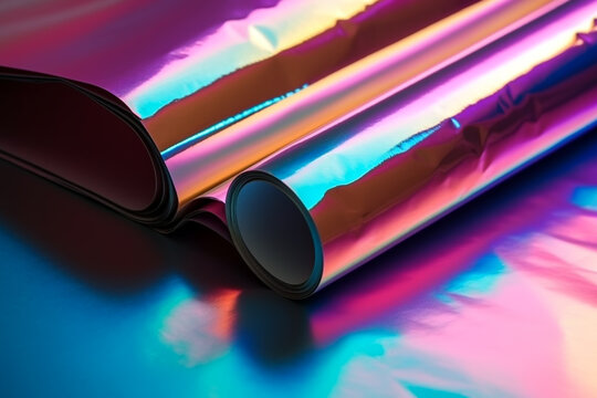 Rolls of holographic foils close-up, ai generated