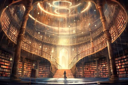 Library of ancient wisdom. A man is standing in a library with a spiral staircase. Generative AI.
