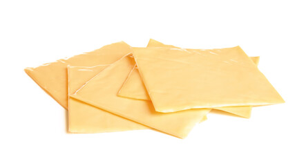 Slices of tasty processed cheese on white background