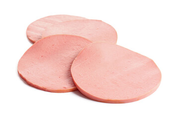 Slices of tasty boiled sausage on white background