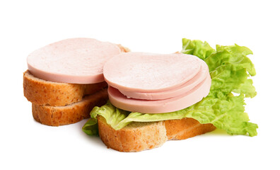Slices of tasty boiled sausage with lettuce and bread on white background