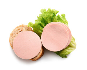 Slices of tasty boiled sausage with lettuce and bread on white background