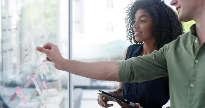 Planning board, communication and business people talking about project info, agency development plan or teamwork. Sticky note, diversity and brainstorming man, woman or team work on moodboard ideas