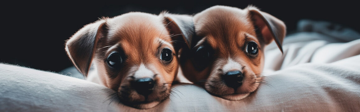 Generative Ai image of a litter of puppies in bed