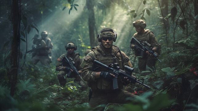 a raw photo of a Counter-Strike team in a jungle, the men are focused. 