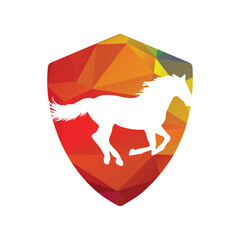 Horse running icon vector illustration inside a shape of shield pattern color . 