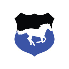 Horse running icon vector illustration inside a shape of shield black and blue color. 