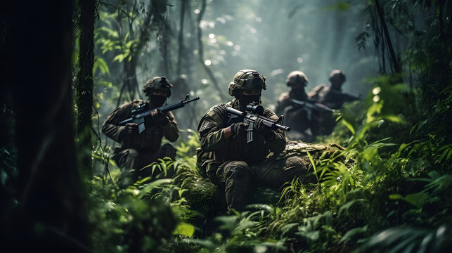 a raw photo of a Counter-Strike team in a jungle, the men are focused
