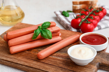 Board of tasty sausages with basil and tomatoes on table
