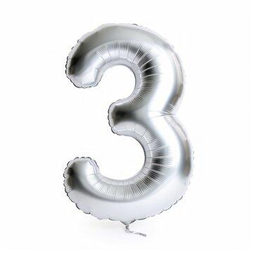 Shiny Silver Number Shaped Balloon Isolated on White Background. Number 3 Three. Generative AI illustration.