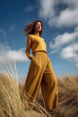 Naklejka premium A woman standing in a field of tall grass. Generative AI.