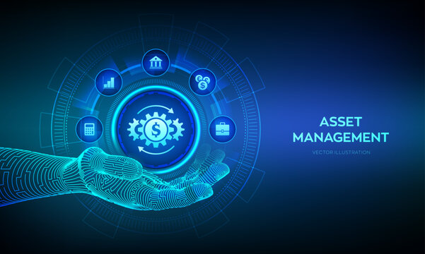 Asset management icon in robotic hand. Business investment banking payment technology concept on virutal screen. Vector illustration.