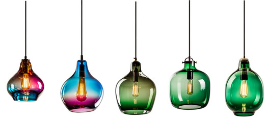 Group of assorted colorful modern glass pendant lights. Created using generative AI. - obrazy, fototapety, plakaty