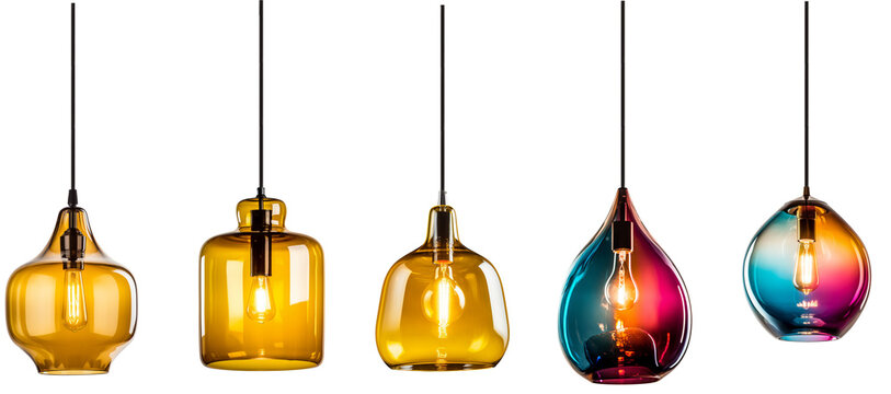 Group of assorted colorful modern glass pendant lights. Created using generative AI.
