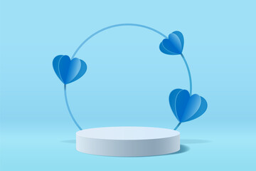 Abstract 3D blue scene with white cylinder stand for displaying products decorated with blue paper cut hearts