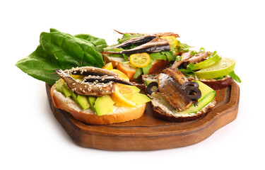 Wooden board of tasty sandwiches with canned smoked sprats on white background