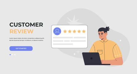 Man sitting with laptop giving feedback review or leaving comments. Customer satisfaction rating, landing page. Hand drawn vector illustration isolated on background, flat cartoon style