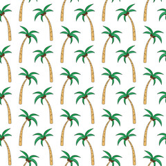 Doodle Palm trees seamless vector pattern. Repeat travel tropical background. Funny hand drawn summer elements