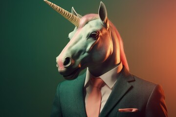 Anthropomorphic fairytale unicorn dressed in a suit like a businessman. Business Concept. AI generated, human enhanced
