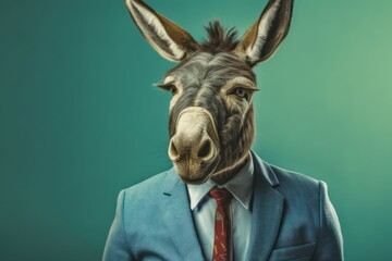Anthropomorphic donkey dressed in a suit like a businessman. Business Concept. AI generated, human enhanced.