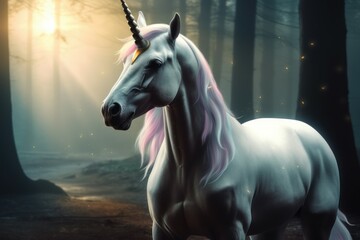Naklejka na ściany i meble Fairytale unicorn. Mythical animal with one horn. AI generated, human enhanced