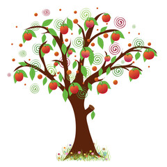 Apple tree with red apples. A fruit tree with a rich harvest of red apples and meadow grass with flowers. Object isolated.
