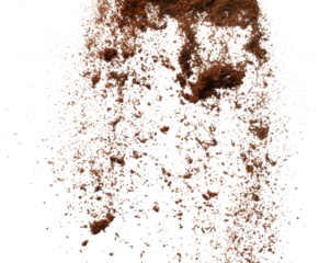 Coconut peel husk flying explosion, coconut chopped fine small S size fall down as dust. Coconut powder peel fertilizer splash throwing in Air. White background Isolated high speed shutter, freeze