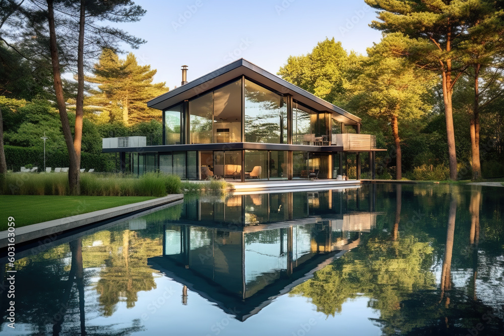 Poster a house with a pool in front of it. generative ai.