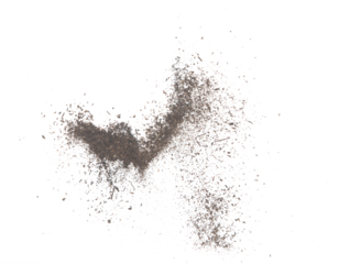 Black dried leave Tea explode. Small Fine size tea leaf flying explosion, Abstract cloud fly. Brown colored Teas splash throwing in Air. White background Isolated high speed shutter, throwing freeze