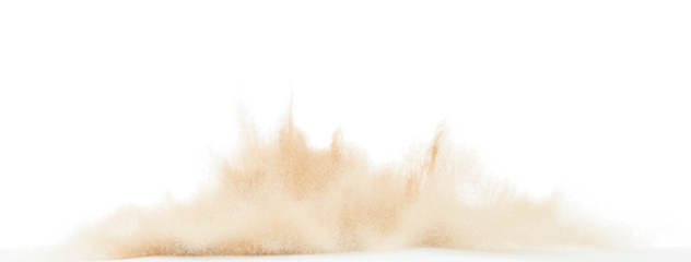 Small Fine size Sand flying explosion, Golden grain wave explode. Abstract cloud fly. Yellow colored sand splash throwing in Air. White background Isolated high speed shutter, throwing freeze stop