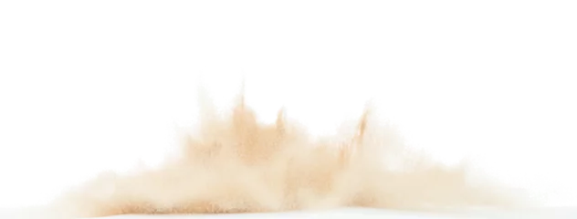 Foto op Plexiglas Small Fine size Sand flying explosion, Golden grain wave explode. Abstract cloud fly. Yellow colored sand splash throwing in Air. White background Isolated high speed shutter, throwing freeze stop © Jade