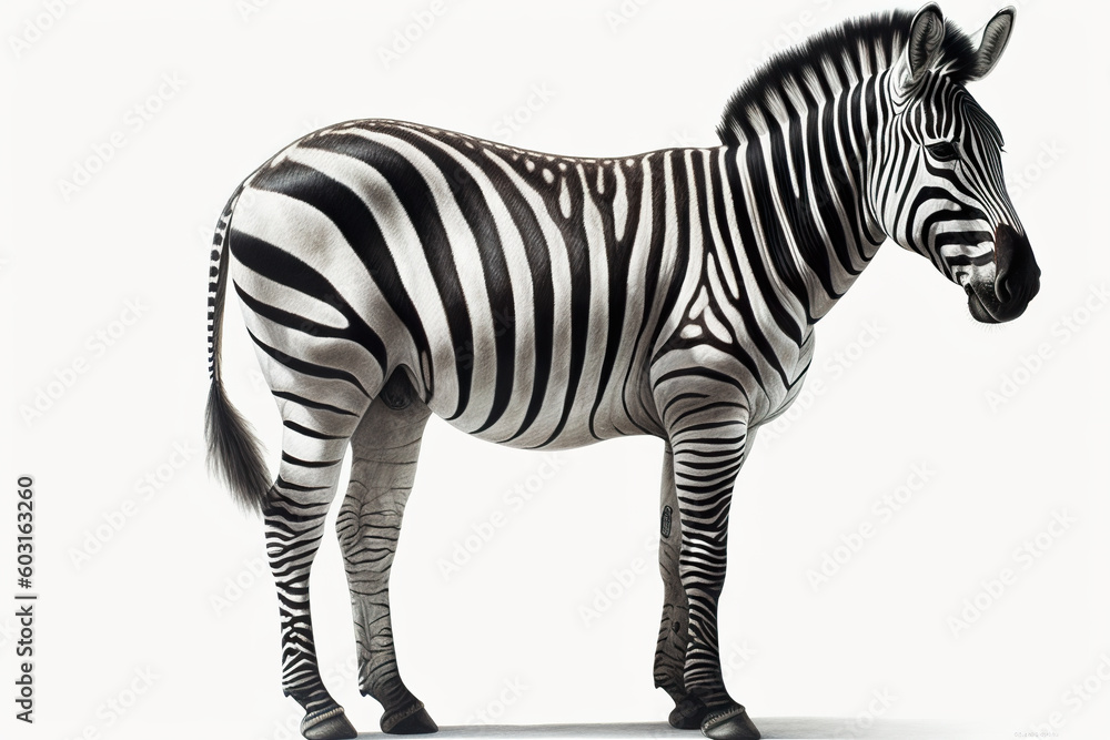 Poster a zebra standing in front of a white background. generative ai.