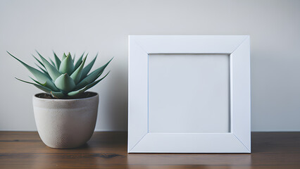 Elegant Minimalist Square Frame Mockup With Aloe Vera in Ceramic Pot on Wooden Table. Generative AI