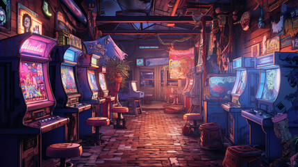 retro arcade filled with vintage arcade cabinets - obrazy, fototapety, plakaty