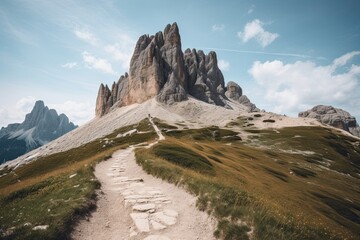 Fototapeta na wymiar Adventure Awaits: Enjoy the Rugged Scenery and Solitude of an Iconic Hiking Trail in the Italian Alps, Dolomites, Generative AI