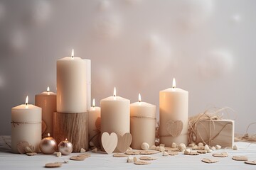 Celebrate Valentine's Day with Hearts, Gifts, and Candles on a White Wooden Background. Generative AI