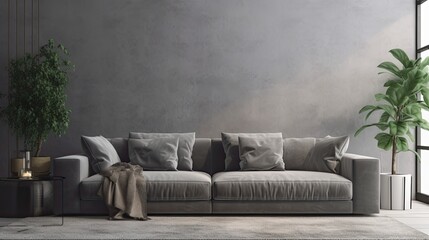 Big Grey Sofa in Simple Modern Living Room - Perfect for Product Placement & Home Decor. Generative AI