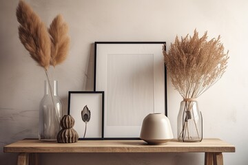 Empty Photo Frame with Flower Wallpaper: Stylish Interior Design Illustration, Generative AI