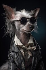 Formal Portrait of a Messy Grey Chinese Crested Dog in Fancy Sewing Human Clothing with Sunglasses, Generative AI