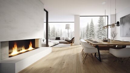 Modern Home Interior Design with Burning Fireplace and Breath-taking Backyard View - 3D Rendering & Illustration: Generative AI
