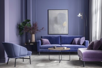 Modern Living Room Design: Lavender Walls & Blue-Violet Sofa - Home Furniture with Generative Interior, Generative AI