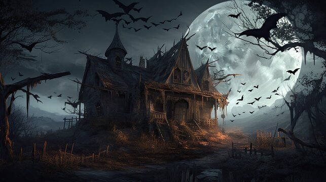 Sinister Halloween Fantasy at a Dilapidated House in Ruin by Moonlight - Flying Bats, Scarey and Skittish, Generative AI
